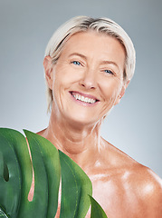 Image showing Senior woman, anti aging skincare and leaves with happiness with studio background for wellness portrait. Elderly model, cosmetics skin glow and shine for healthy, self care and dermatology beauty