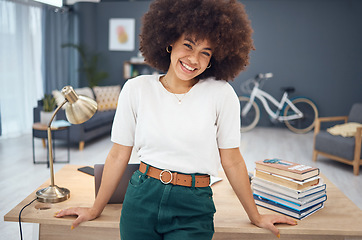 Image showing Portrait, black woman and happy in her home office, relax and smile and living room workspace. Woman, freelance and entrepreneur excited about remote work, proud and vision for startup business