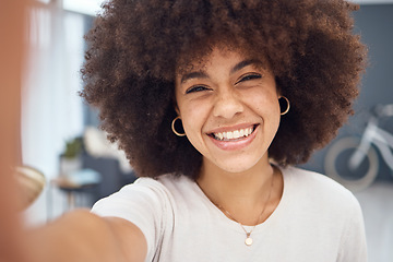 Image showing Portrait, home and selfie of afro woman with picture for social media, holiday and weekend. Beauty, smile and face of young female in an apartment chilling, relaxing and happy in home or house