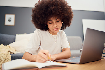 Image showing Planning, study and laptop with black woman writing in notebook for schedule, e learning and checklist. Agenda, education and goal with girl student at home for list, idea and knowledge in journal