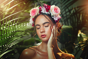 Image showing Face, forest and beauty with flower headband in tropical plants outdoors bokeh background. Woman, cosmetic skincare treatment and facial or bodycare makeup with floral pink rose crown in nature