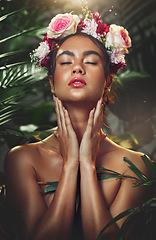 Image showing Woman flower crown, skincare beauty and jungle leaves in nature for organic makeup, cosmetics or skin. Model, girl and flowers on head, radiant cosmetic face or natural bouquet hair in forest trees