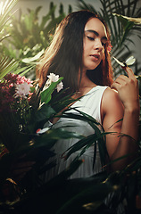 Image showing Woman, tropical rainforest and face beauty wellness for skincare treatment outdoors, Young girl model, cosmetic facial makeup and body care or calm lifestyle with flower plants in nature outside