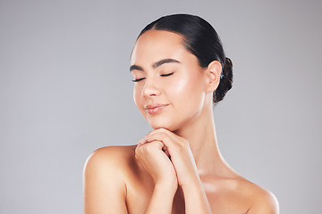 Image showing Face, beauty and skincare of woman with eyes closed on gray studio background. Makeup aesthetics, wellness or female model from Canada with healthy skin after facial or dermatology treatment mockup.