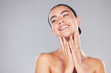 Image showing Beauty, manicure and skincare, woman and makeup advertising, natural cosmetics and facial treatment mockup. Face, skin and hands with nail cosmetics and fresh glow, smile against studio background.