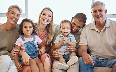 Image showing Big family, home sofa and happiness portrait with children, parents and grandparents together for love, support and care for quality time. Interracial men, women and kids in house to relax and smile