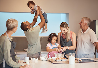 Image showing Generation family, cooking play together in family home kitchen for happiness, bonding and diversity. Mother, father and grandparents baking, girl learning with happy chef mom, dad and baby smile