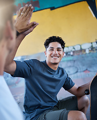 Image showing Men, people or friends in high five at skate park for fun, excited or motivation in Brazilian skating challenge. Smile, happy skaters or bonding skateboarders in success, winning or cheering gesture