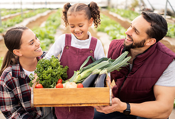 Image showing Farmer, family and box with vegetables from agriculture, happy with harvest, fresh and organic food at farm. Man, woman and child smile, growth and green healthy vegetable and sustainable farming.
