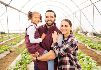 Image showing Farming, agriculture and happy family together for sustainability, small business and healthy lifestyle. Happy agro farmer man, woman and child learning ecology on sustainable farm or greenhouse
