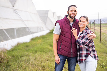 Image showing Agriculture, agro farming and happy couple together for teamwork sustainability and small business partnership for sustainable lifestyle. Agro farmer man and woman on farm to work and care for plants