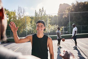 Image showing Basketball, welcome and high five, team and greeting on outdoor sport court in summer with friends. Happy basketball player, men and athlete start training, workout or fitness with sports practice