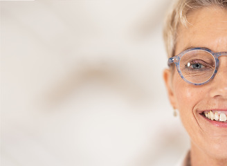 Image showing Woman, glasses and optometrist choice with a senior woman happy about frame, lens or optics decision against mockup space. Portrait and face of woman with a smile for vision, eye care and wellness