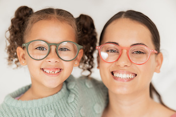 Image showing Portrait, mother and child with glasses for eye care wellness and healthy vision after an eye exam at the optometrist. Smile, mom and happy child wearing eyeglasses or eyewear with pride as a family