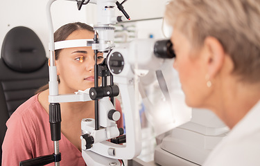 Image showing Eye exam, ophthalmologist and vision of woman, eyes or eye test with slit lamp or machine. Healthcare, eyesight and medical examination by doctor or optometrist at hospital or clinic for wellness.