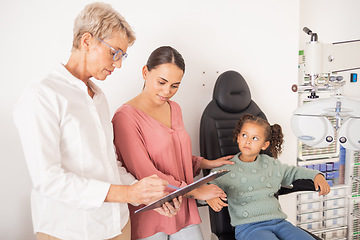 Image showing Mother and child consulting an eye doctor with a clipboard after an eye test or exam for healthy vision. Family, optometrist or optician helping a mom and kid with eyesight advice or eye care results