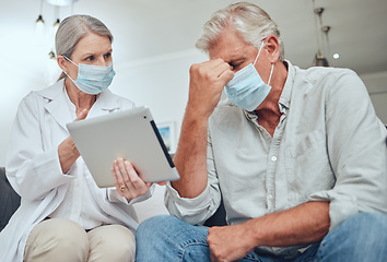 Image showing Tablet, doctor and patient with mask, stress and diagnosis results for illness. Telehealth, sad male and medical professional with digital device, corona and depressed for sickness in hospital upset.