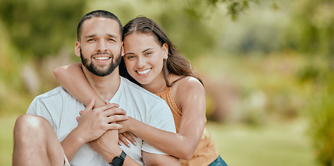 Image showing Couple, hug and love together in park, outdoor bonding portrait and happiness with care in nature. Mexican man, woman and happy mockup, relationship and spending quality time with hugging.