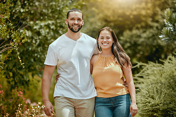 Image showing Happy, smile and portrait of a couple in a garden on a summer date together in Mexico. Happiness, love and young man and woman standing in an outdoor green park on a fun adventure or holiday.