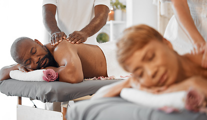 Image showing Black couple, massage in spa with massage therapist and wellness, romantic holiday for stress relief and body care. Beauty, calm and health with luxury service, aromatherapy and body wellbeing.