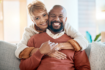 Image showing Happy, love and portrait of black couple on sofa for relax, retirement or support together. Smile, hug or marriage with old man and woman in living room at home for bonding, relationship or lifestyle