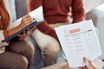 Image showing Finance, debt and payment with documents in a hand of a health professional for medical bills. Paper, accounting and loan with a financial document for late paying a doctor or hospital closeup