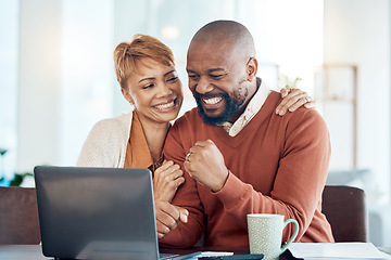 Image showing Business, digital success and home couple with computer of black people and winning together. Happy, winner and trading win using technology with a celebration, excited and crypto trading achievement