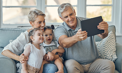 Image showing Family, grandparents and children take tablet selfie of happy family bonding, togetherness and enjoy quality time. Love, memory photo and happiness of kids, grandmother and grandfather relax on sofa