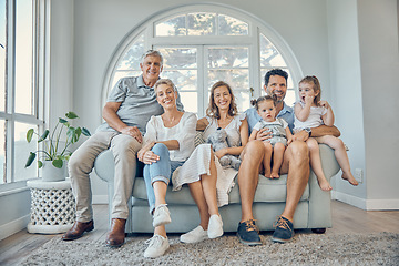 Image showing Family, children and grandparents with a man, woman and grandkids sitting on a sofa in the home living room together. Portrait, kids and love with girl sister siblings bonding during a house visit