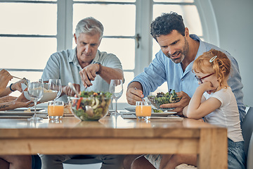Image showing Dinner, family and child eating food at dining room table together at retirement home. Senior grandparent, happy father and young girl upset about conversation or dad teaching child healthy lifestyle