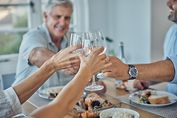 Image showing Toast with a glass of wine, lunch and happy family cheers in celebration for family reunion, bonding or brunch buffet. Brunch food, alcohol drink and group of friends celebrate good news at event