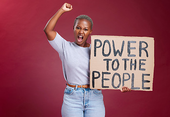 Image showing Black woman, protest and poster for human rights, power and equality or asking for change and freedom to stop racism. African female shout, fight and vote while holding cardboard sign and fist