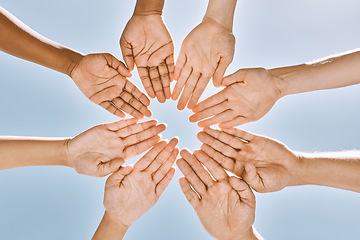 Image showing Hands in circle, teamwork or business people with support, collaboration or team building for mission success from below. Blue sky, diversity or community for vision, partnership or unity goal.