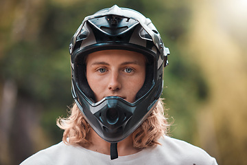 Image showing Biker man portrait, helmet and face of outdoor rider with head safety gear for adventure, cycling and motorcycle workout. Bicycle, motorbike and sports athlete ready for race training on in Australia