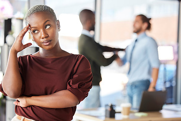 Image showing Annoyed, attitude and business woman in office, roll eyes at gender inequality, prejudice and unfair workplace. Sexism, discrimination and frustrated black woman in boardroom after business meeting