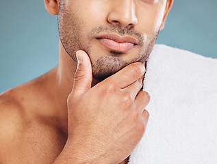 Image showing Beard grooming, care and face of man satisfied with facial cleaning routine, self care treatment and beauty spa healthcare. Wellness, dermatology and healthy aesthetic model jaw with luxury skincare