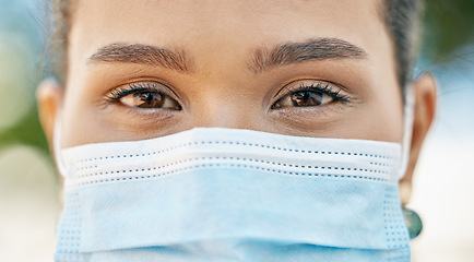 Image showing Covid, face mask and black woman eyes or portrait for healthcare safety, compliance and wellness from corona virus. Young person or girl with medical mask for covid 19 protection rules or policy