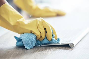 Image showing Cleaning service, keyboard computer and hands with cloth for office policy, compliance and covid healthcare in workspace. Modern office desk, workplace and cleaner clean dust or bacteria from desktop