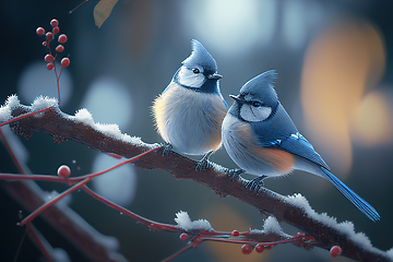 Image showing Two Little blue titmouse birds on branch covered with snow. Chri