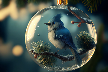 Image showing Little blue titmouse bird in christmas glass ball on fir tree co