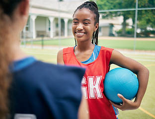 Image showing Netball, sports and black woman team talking and smile for congratulations, thank you or welcome to the international game. Fitness, teamwork and collaboration women meeting with competition kindness