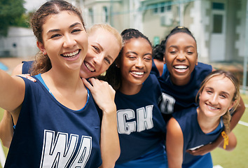 Image showing Sports, netball team and selfie of women ready for game, match or competition on court outside. Fitness, smile or self portrait of players for happy memory or social media post online after training