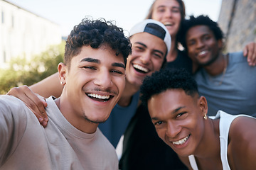 Image showing Fitness, selfie and group friends with smile for workout community, wellness and motivation outdoor. Happy, young and diversity sports people or men in training portrait photography for social media