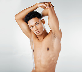 Image showing Fitness, health portrait and body of man on gray studio background. Wellness, exercise and young fitness model or bodybuilder from South Africa posing topless for body care, strength and muscle abs