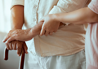 Image showing Support, disability and caregiver with senior patient helping him walk in retirement hands zoom and walking stick. Physical therapy, nurse medical professional help elderly or old man in nursing home