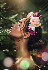 Image showing Rainforest, skincare and beauty girl with flower accessory crown for tropical cosmetic with bokeh profile. Natural, jungle and wellness model woman with roses for floral cosmetics advertising.