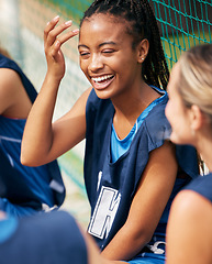 Image showing Woman, laughing or bonding on sports court with netball community friends or people in diversity team building exercise. Happy smile, black person or athlete and fitness students in wellness training