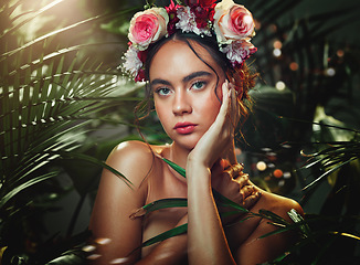 Image showing Beauty, nature and makeup, woman in natural cosmetics portrait, leaves and flower design for skincare and cosmetic advertising. Rose headband, skin and face care for wellness and cosmetology.