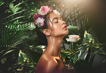 Image showing Flower, crown and woman in studio for skincare, beauty and relax, zen and cosmetics in jungle. Skin, rose and mexican girl model pamper, treatment and organic, natural and product in nature aesthetic