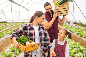 Image showing Food, agriculture and sustainability with family on farm for learning, environment and help. Health, nature and garden with parents and girl farmer with vegetables box in field for plant and growth